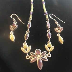 Amethyst and peridot necklace and earring set. 925